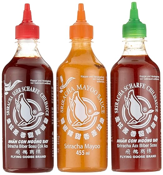 FLYING GOOSE Sriracha scharfe Chilisaucen Mischkarton 3 X 455ml (1 x scharf , 1 x sehr scharf , 1x Mayoo) - Gewürzsaucen & -pasten