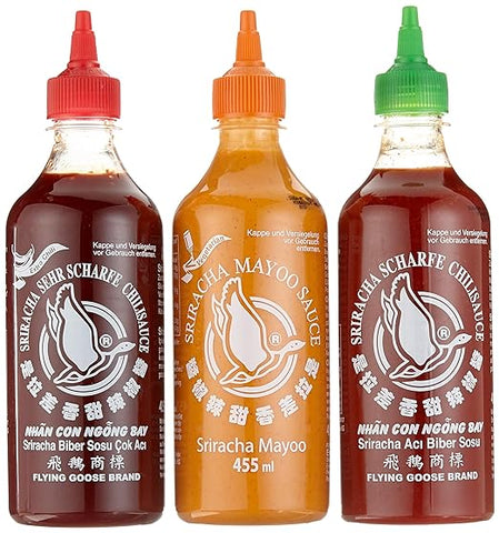 FLYING GOOSE Sriracha scharfe Chilisaucen Mischkarton 3 X 455ml (1 x scharf , 1 x sehr scharf , 1x Mayoo) - Gewürzsaucen & -pasten