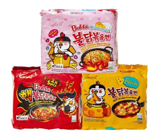 Samyang Buldak Ramen Combo | 5er Pack Hot Chicken Carbonara & 5er Pack Käse & 5er Pack 2 x Scharf - Instant Nudeln